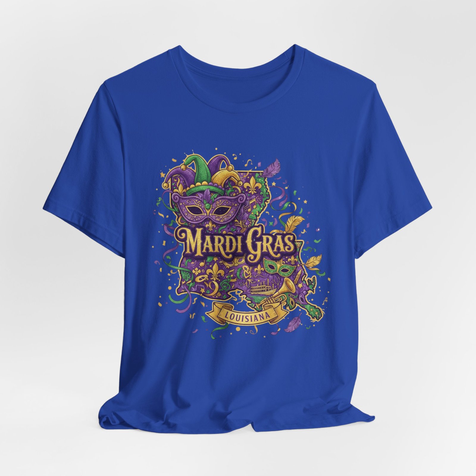 Louisiana Mardi Gras State Silhouette T-Shirt | Purple Green Gold - Image 136