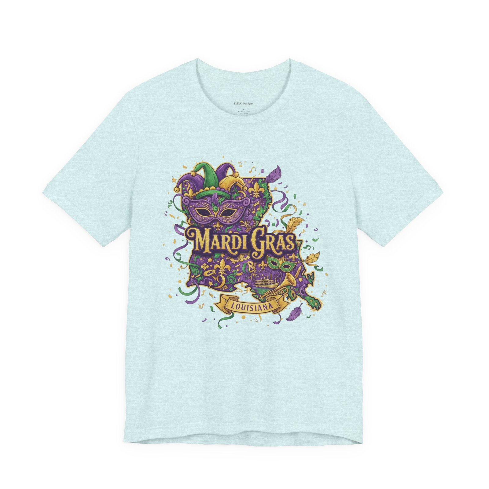 Louisiana Mardi Gras State Silhouette T-Shirt | Purple Green Gold - Image 100