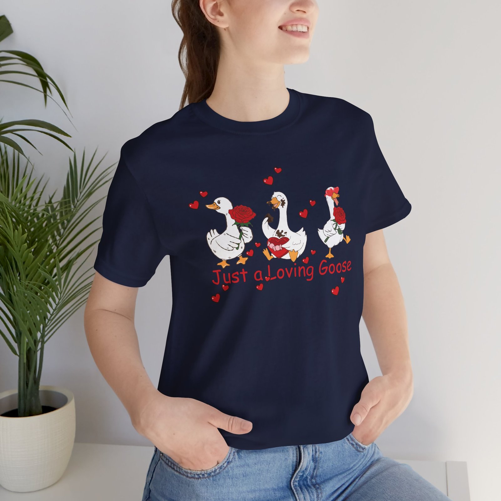 Just a Loving Goose Tee | Cute Goose Trio with Roses & Hearts - Image 55