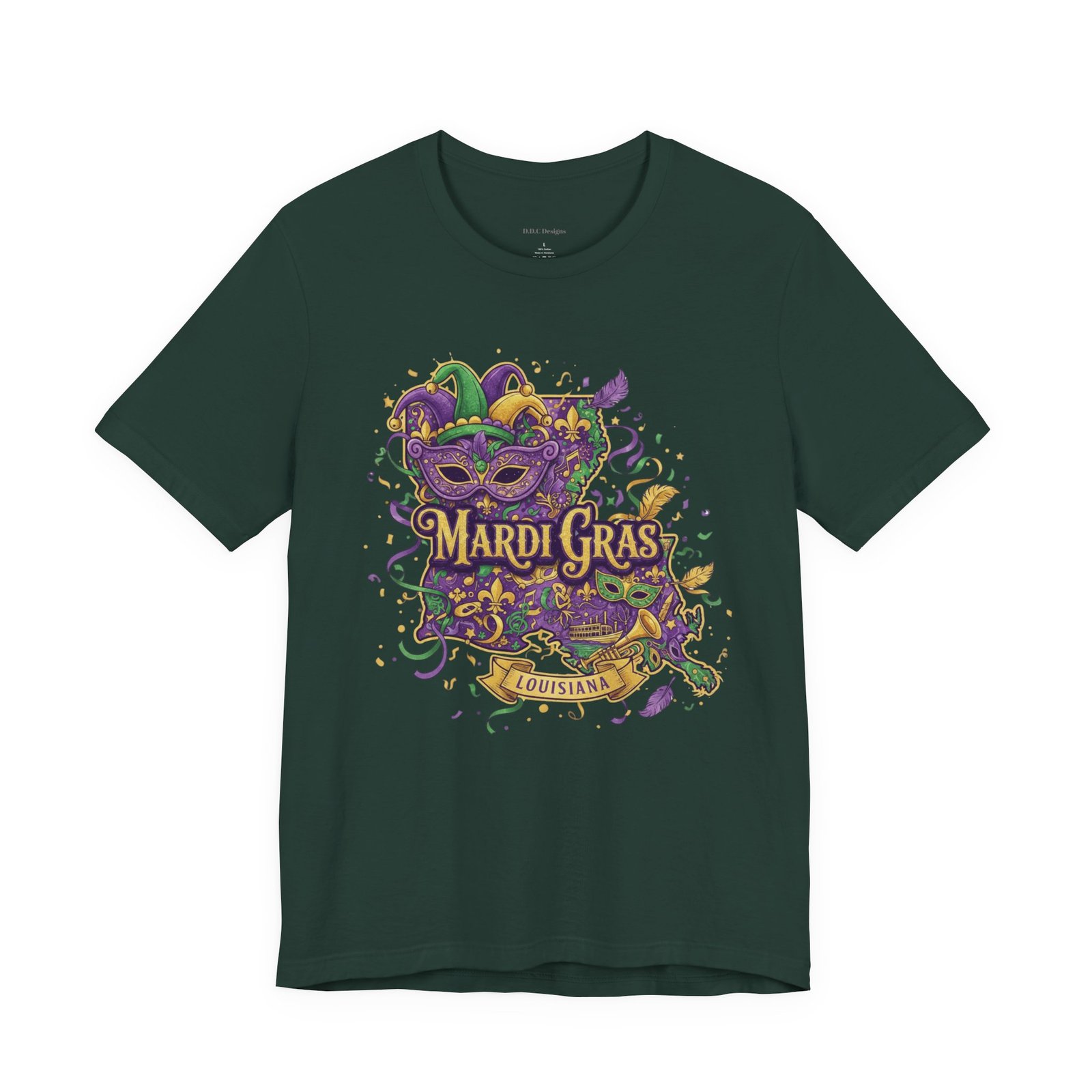Louisiana Mardi Gras State Silhouette T-Shirt | Purple Green Gold - Image 89