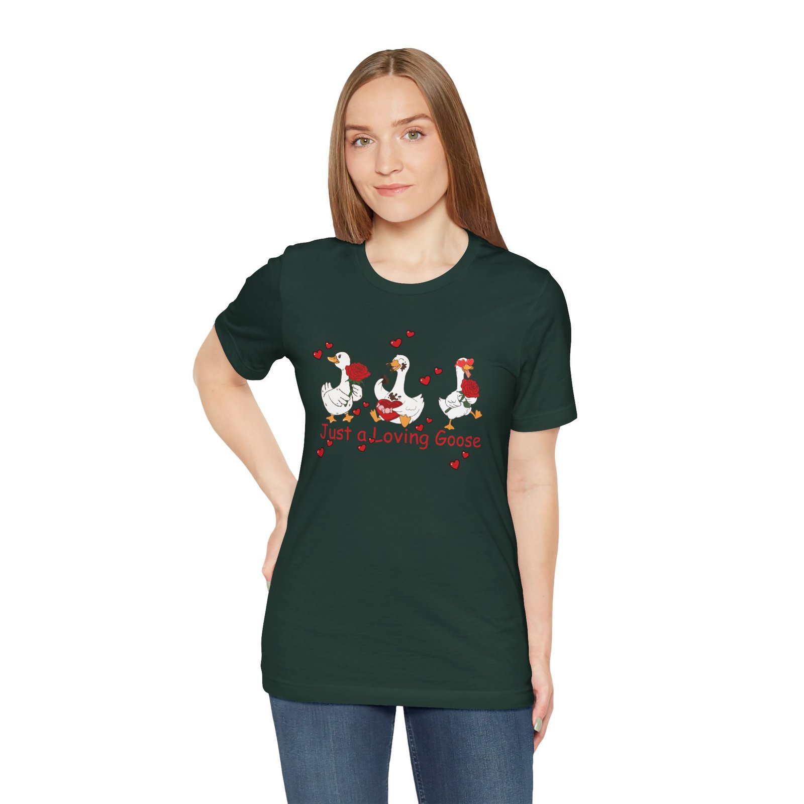 Just a Loving Goose Tee | Cute Goose Trio with Roses & Hearts - Image 37
