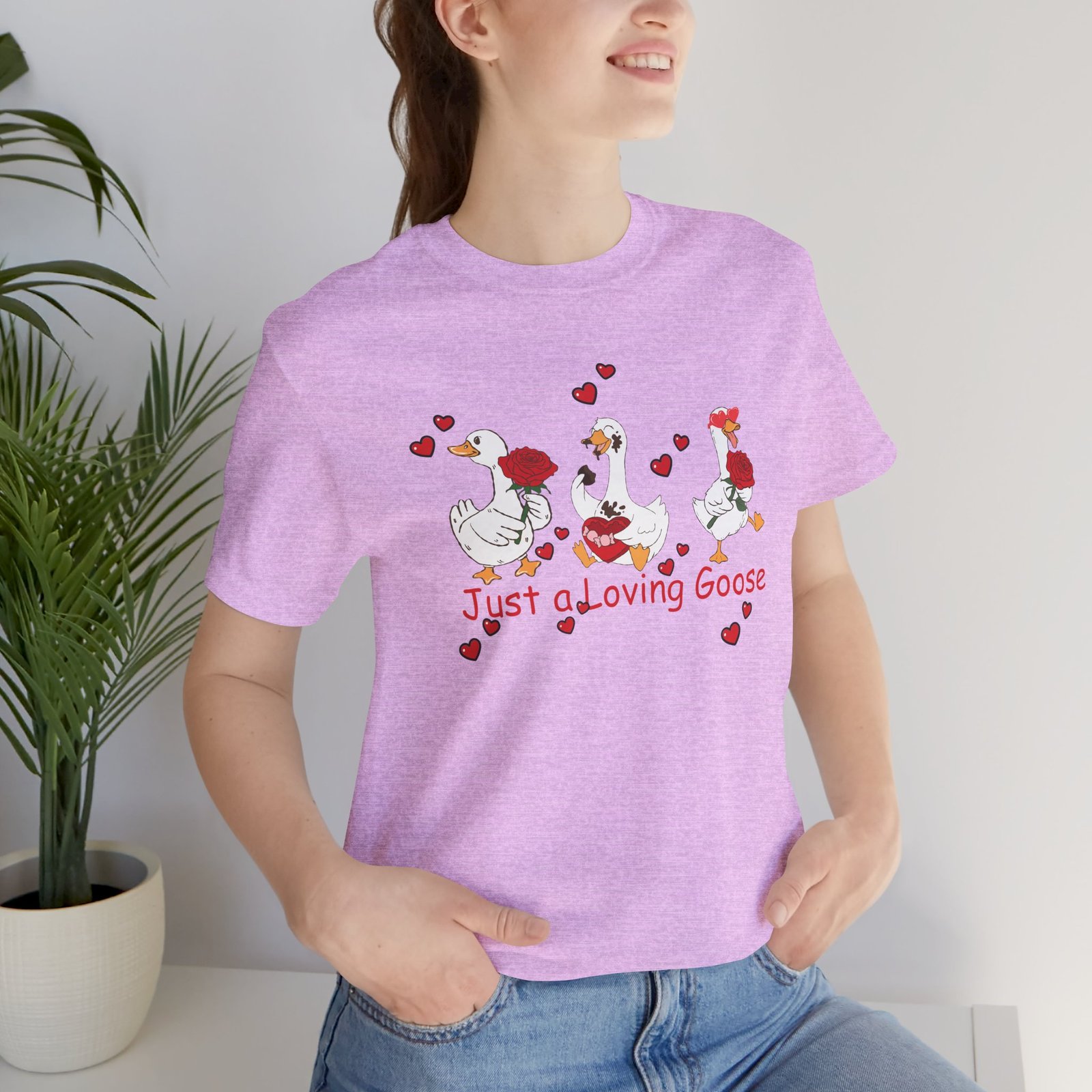 Just a Loving Goose Tee | Cute Goose Trio with Roses & Hearts - Image 71