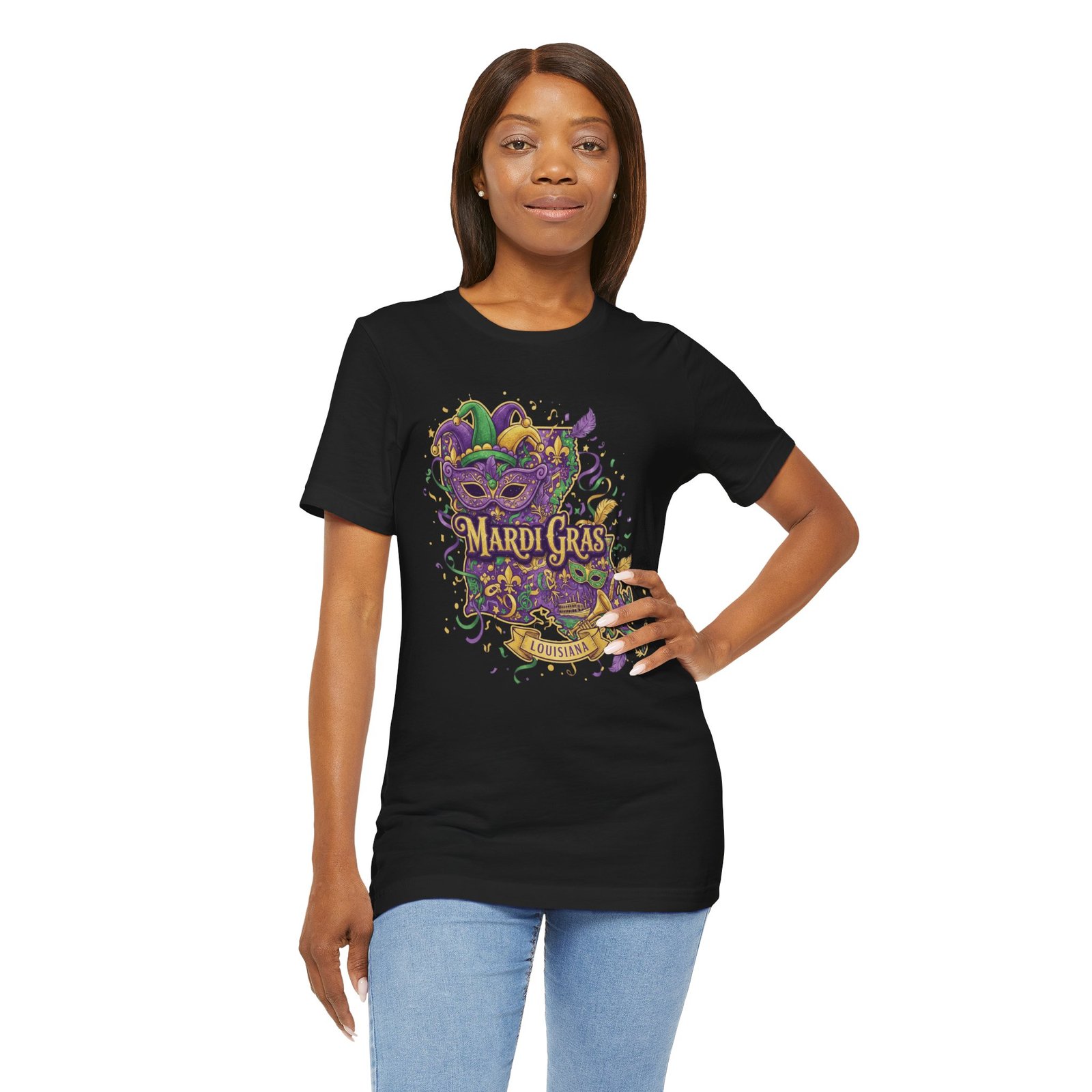 Louisiana Mardi Gras State Silhouette T-Shirt | Purple Green Gold - Image 29