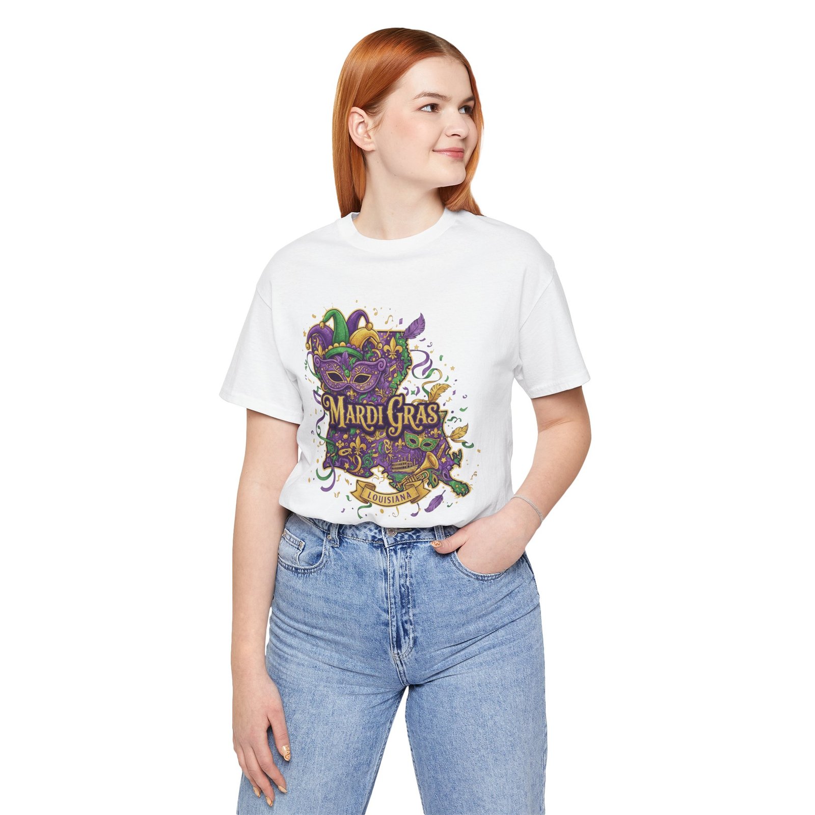 Louisiana Mardi Gras State Silhouette T-Shirt | Purple Green Gold - Image 8