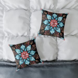 Blue Red Floral Mandala Pillow | Square Poly Canvas Pillow