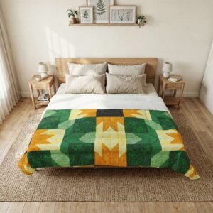 Geometric Kaleidoscope Quilt Comforter | Green Yellow Block Pattern